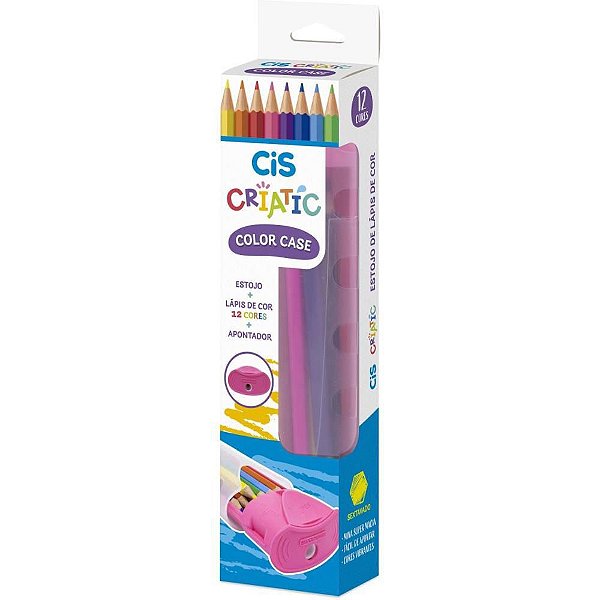 Lápis de COR Sextavado CIS Color Case Rosa - Estojo com 12 Cores e Apontador