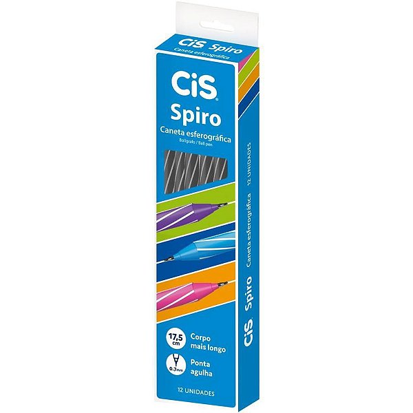 Caneta Esferográfica CIS Spiro 0,7MM Preta - Caixa com 12 Unidades