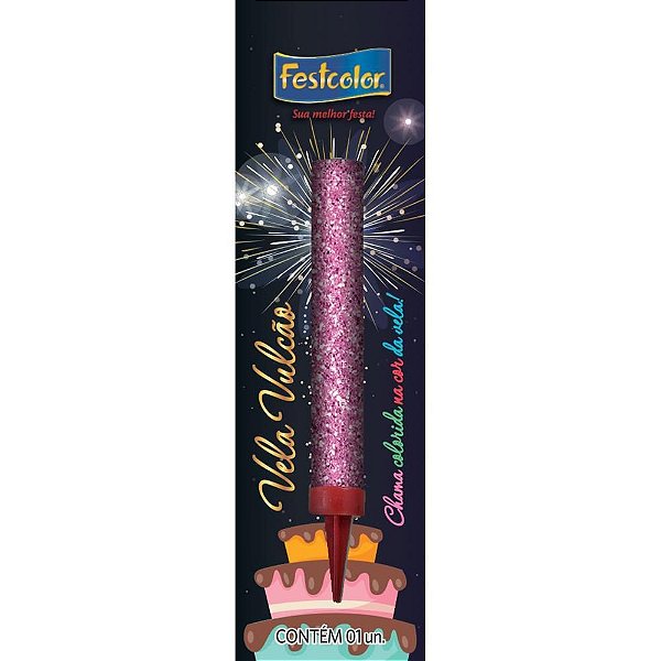 Vela para Aniversário Vulcão Rosa com Glitter e Chama Colorida
