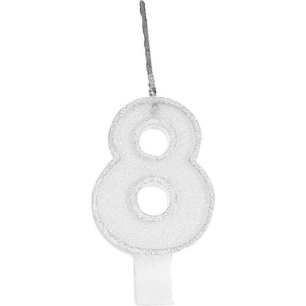 Vela para Aniversário N°08 Glíter Branca Caixa com 10