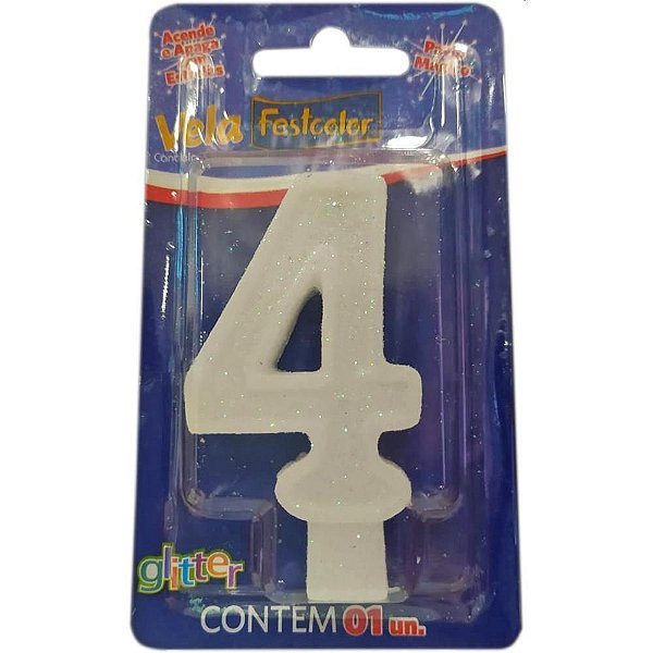 Vela para Aniversário Nº4 Glíter Branca Caixa com 10