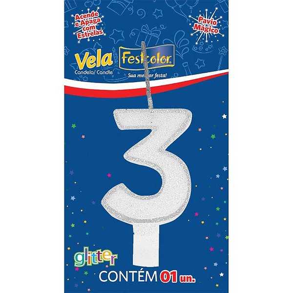 Vela para Aniversário Nº3 com Glíter Branca - Caixa com 10 Unidades