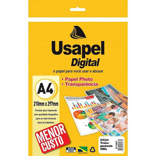 Transparência INKJET Usapel A4 75G sem Tarja - Pacote com 10