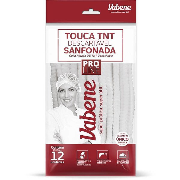 Touca Descartável Sanfonada 20CM 100% TNT Branca - Pacote com 12