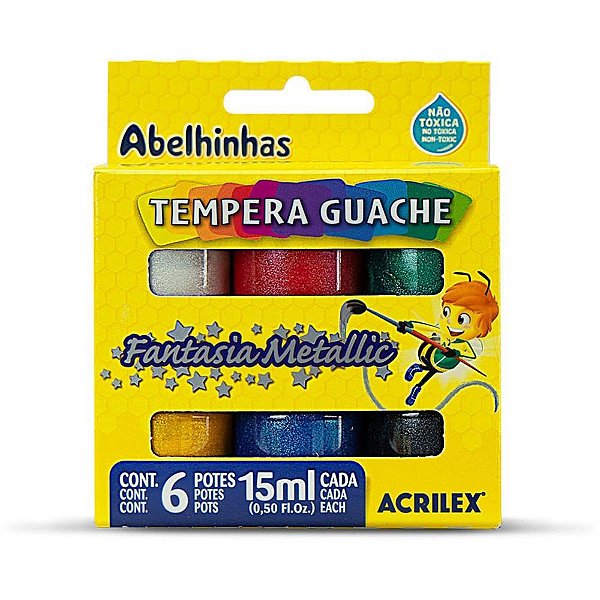 Tinta Guache 15ML 6 Cores Fantasia Metálica - Pacote com 6 Unidades