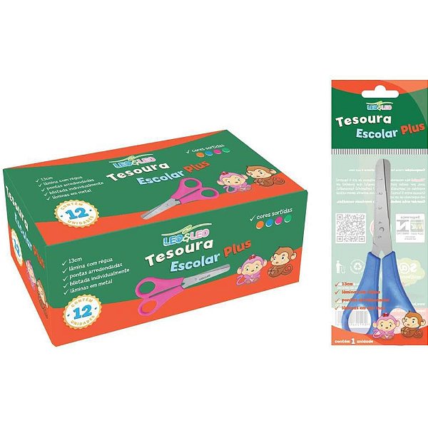 Tesoura Escolar 13CM com Cabo Colorido e Ponta Arredondada - Caixa com 12 Unidades