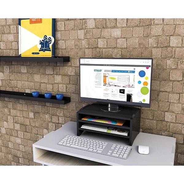 Suporte para Monitor Preto com 3 Gavetas