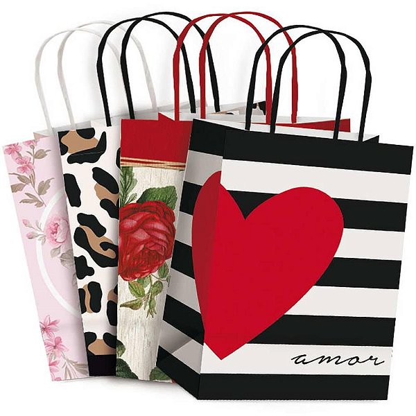 Sacola para Presente Decorada Feminina 21,5 X 15 X 8 CM Sortidas - Pacote com 10