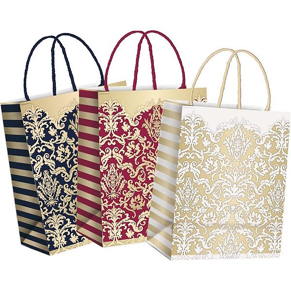 Sacola para Presente Decorada Adamascado 26X19,5X9,5CM Sortida - Pacote com 10 Unidades