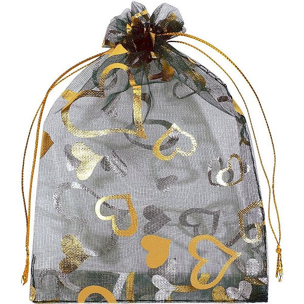 Saco de Organza Estampado Preto 15X18CM PCT com 10