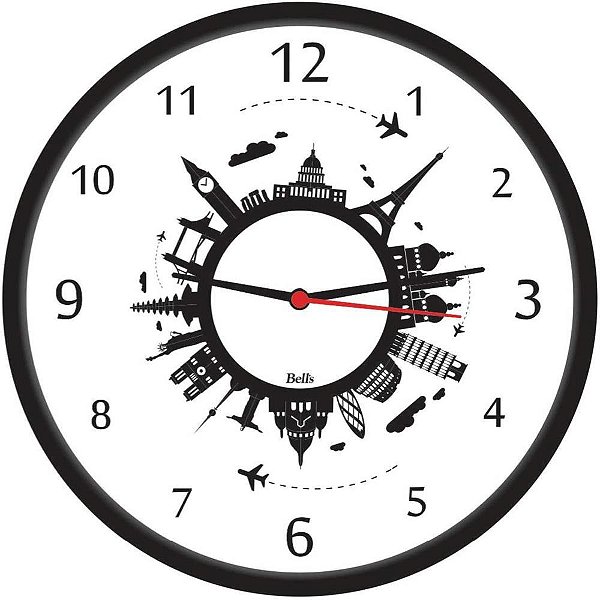 Relógio de Parede Redondo Volta AO Mundo 25,8CM Preto