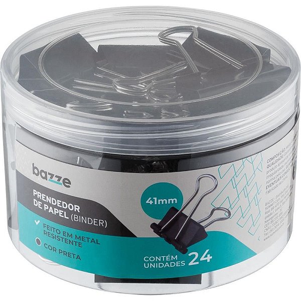 Prendedor de Papel Bazze Binder 41MM Preto - Pote com 24 Unidades