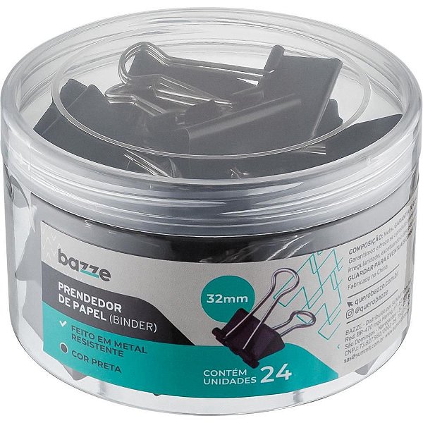 Prendedor de Papel Bazze Binder 32MM Preto - Pote com 24 Unidades