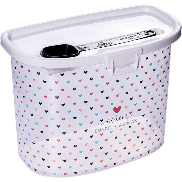 Pote Plástico Porta Açúcar com Colher 2,3L - Branco com Corações