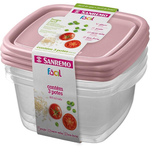 Conjunto de Potes Plásticos Fácil 800ML com 3 Unidades