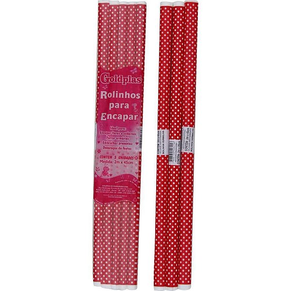 Plástico para Encapar 2M X 45CM - Estampa de Bolinhas Vermelhas, Pacote com 5