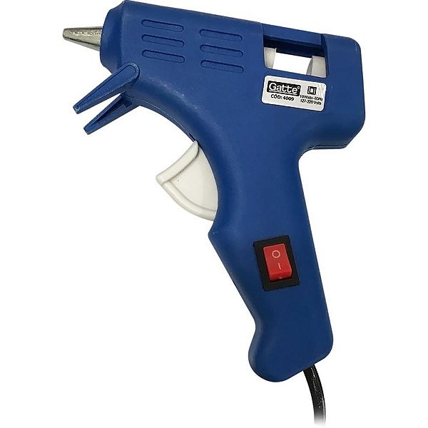 Pistola de Cola Quente Pequena 10W Bivolt Azul com Gatilho e Pedal de Descanso