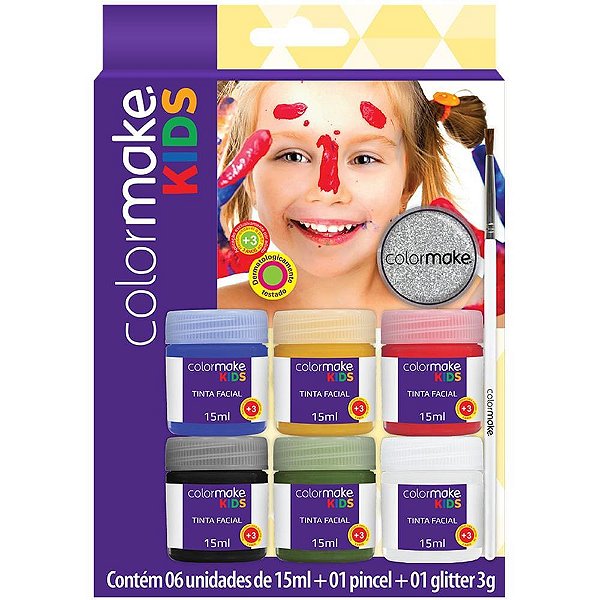 Pintura Facial Líquida KIDS 6 Cores + Pincel + Glitter