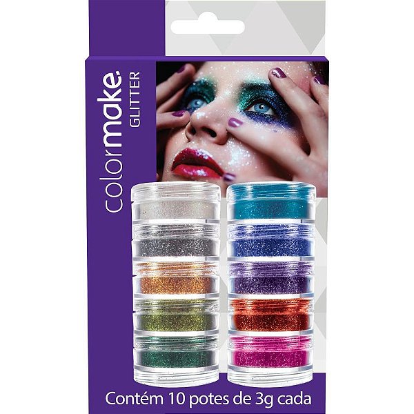 Pintura Facial Glitter PÓ 10 Cores - Caixa com 10 KITS