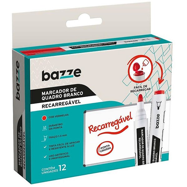 Pincel Quadro Branco Recarregável Bazze Vermelho CX com 12