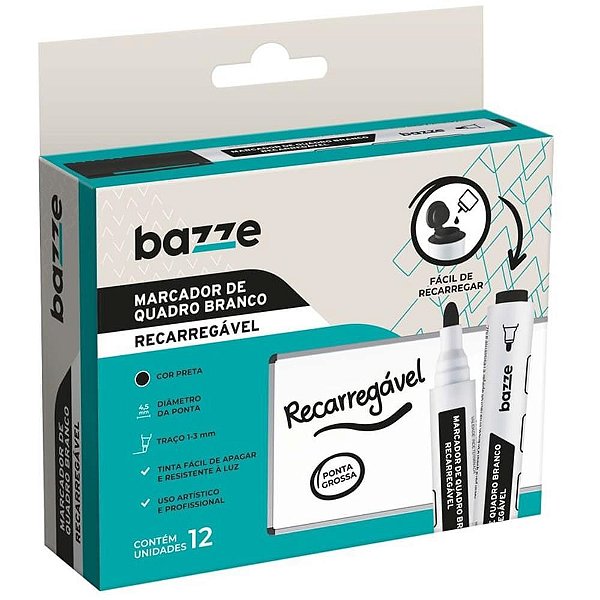 Pincel Quadro Branco Recarregável Bazze Preto CX com 12