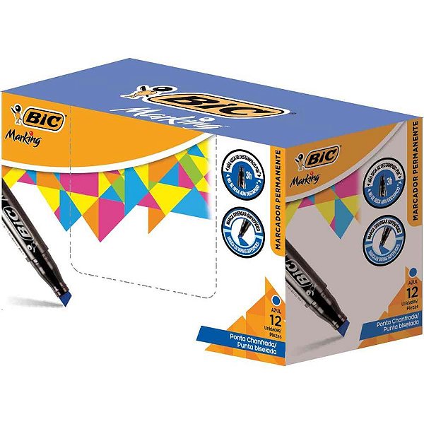 Pincel Marcador Permanente Recarregável BIC Marking Azul - Caixa com 12 Unidades