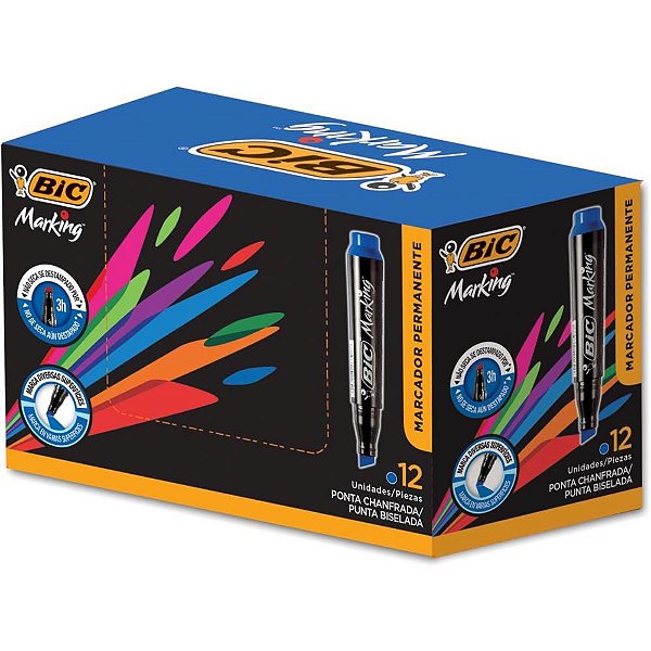 Pincel Marcador Permanente Recarregável BIC Marking Azul - Caixa com 12 Unidades