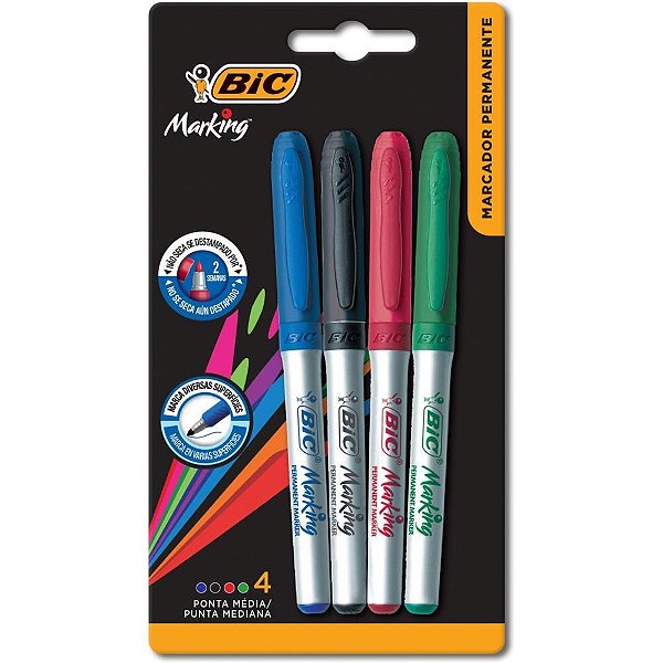 Pincel Marcador Permanente BIC Marking 1.1MM - AZUL, Vermelho, Preto e Verde