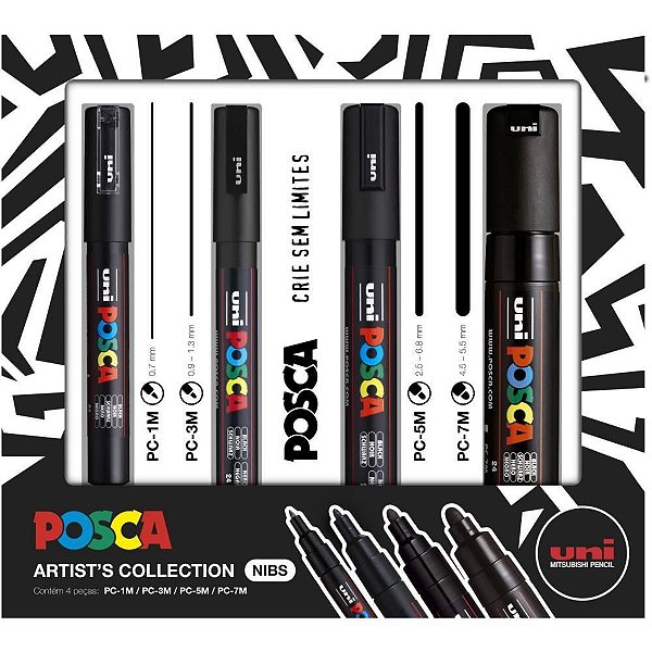 Pincel Marcador Artesanato Posca Preta - KIT com 4 Pontas