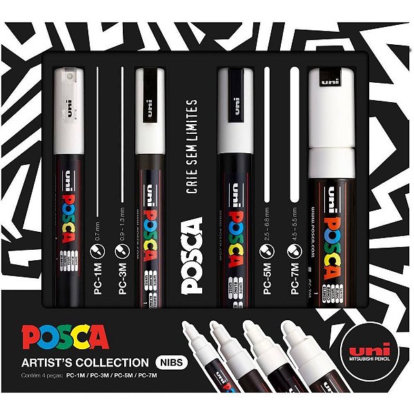 Pincel Marcador Artesanato Posca Branca KIT com 4 Pontas
