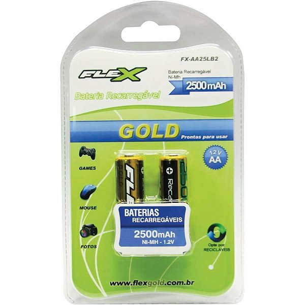 Pilha Recarregável Pequena AA FLEX GOLD 2500MAH Blister com 2 Unidades