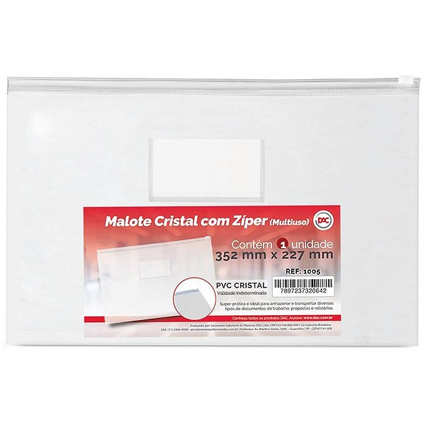 Pasta Malote Cristal com Zíper 352X227MM - Pacote com 5 Unidades