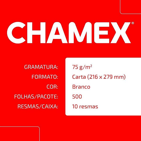 Papel Sulfite Carta Chamex 75G 10 PCT X 500 FLS Caixa com 10