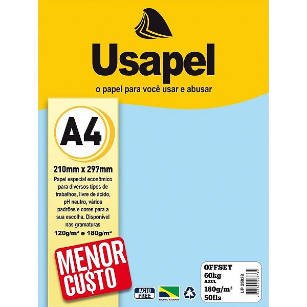 Papel Sulfite A4 Colorido OFFSET 180G 60K Azul 50 Folhas
