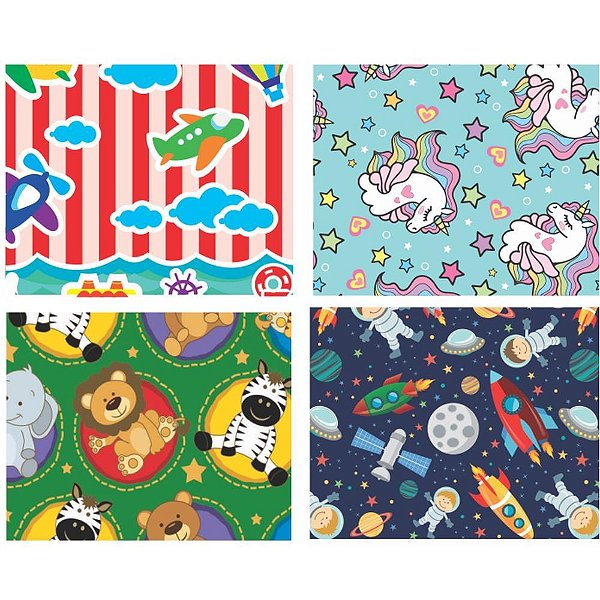 Papel Presente 60X96CM Couchê Linha Diamante Infantil - 4 Modelos - Pacote com 40 Unidades