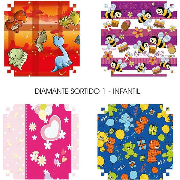 Papel Presente 60X96CM Couchê Linha Diamante Infantil - 4 Modelos - Pacote com 40 Unidades