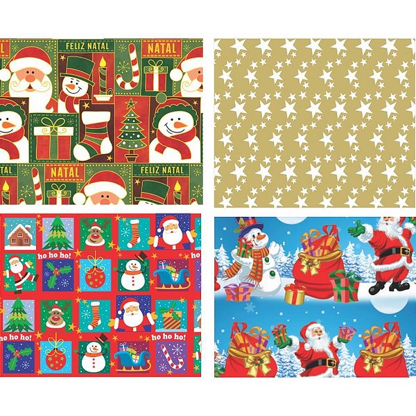 Papel de Presente 50X60CM Couchê Linha Diamante Natal 4 Modelos Pacote com 40