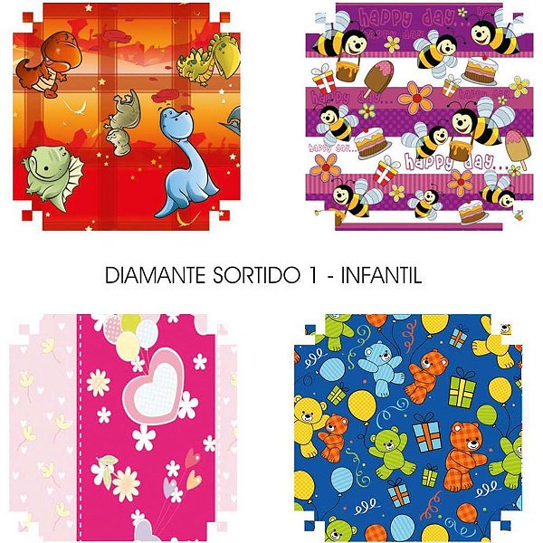 Papel Presente 50X60CM Couchê Linha Diamante Infantil 4 MOD Pacote com 40