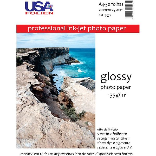 Papel Fotográfico INKJET A4 GLOSSY Profissional 135G CX com 50