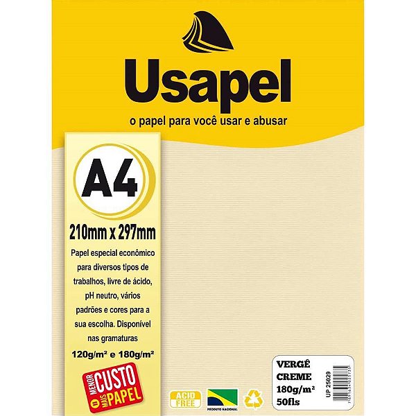 Papel A4 Vergê Usapel Creme 180G - Pacote com 50 Folhas
