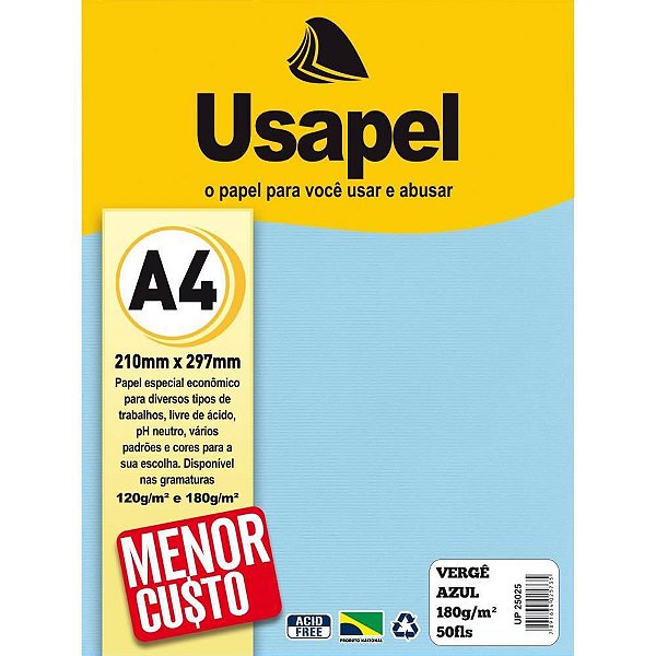 Papel A4 Vergê Usapel Azul 180G Pacote com 50
