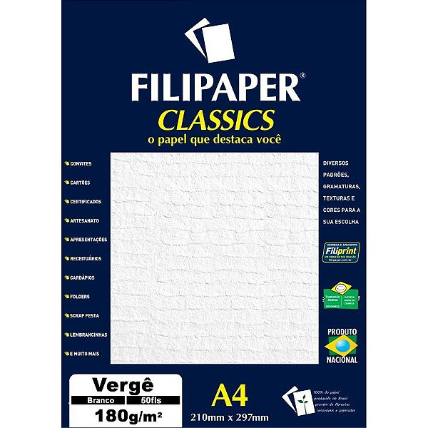 Papel A4 Vergê Branco Classics 180G Caixa com 50 Folhas