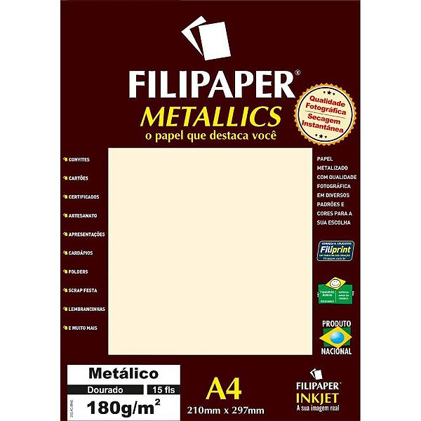 Papel A4 Metálico Dourado 180G - Pacote com 15 Folhas