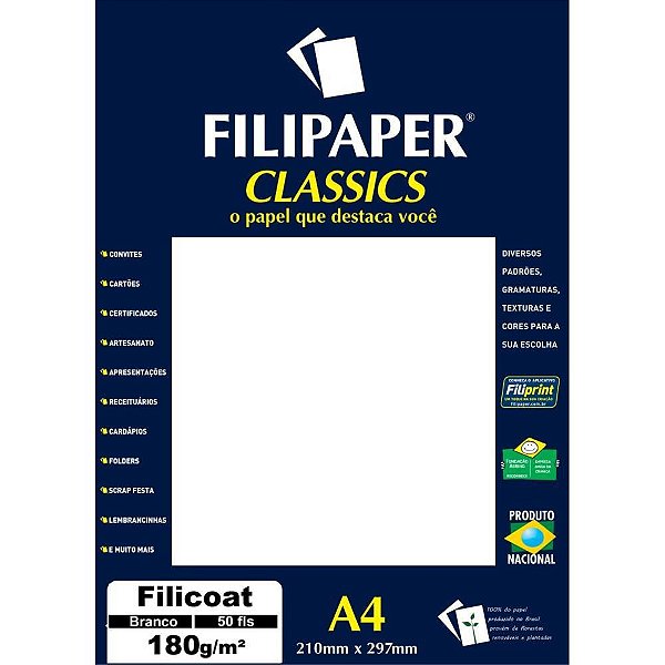 Papel A4 Filicoat Classics Branco 180G CX com 50
