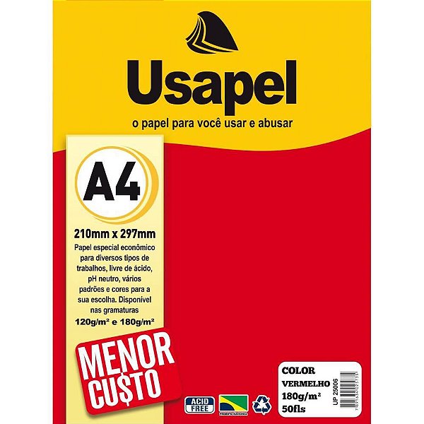 Papel A4 Color Usapel Vermelho 180G Pacote com 50