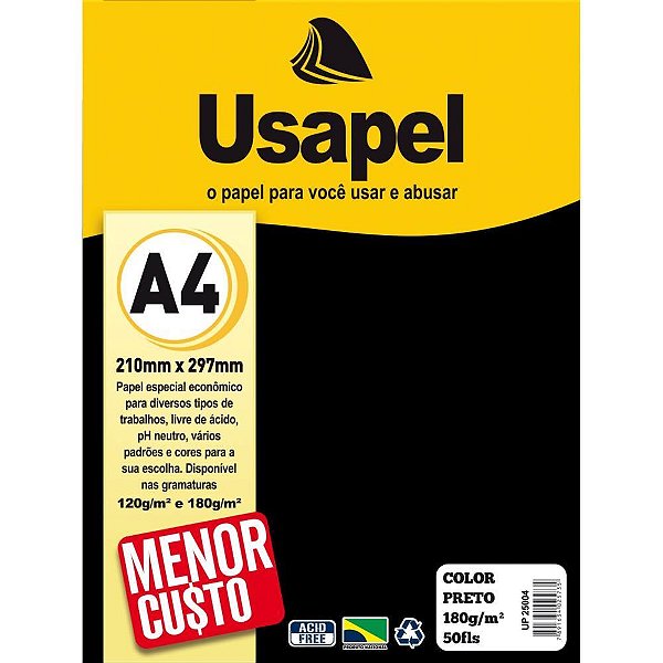 Papel A4 Colorido Usapel Preto 180G - Pacote com 50 Folhas