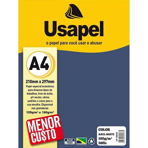 Papel A4 Color Usapel Azul Noite 180G - Pacote com 50 Folhas