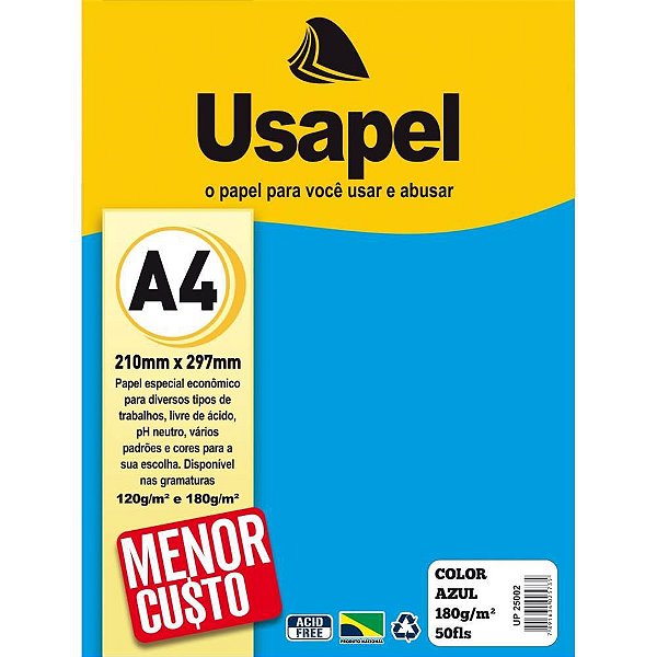 Papel A4 Color Usapel Azul 180G - Pacote com 50 Folhas