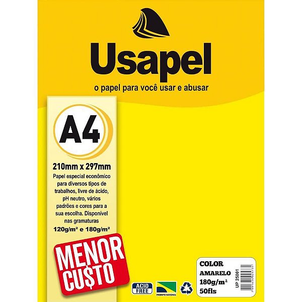 Papel A4 Color Usapel Amarelo 180G Pacote com 50 Folhas