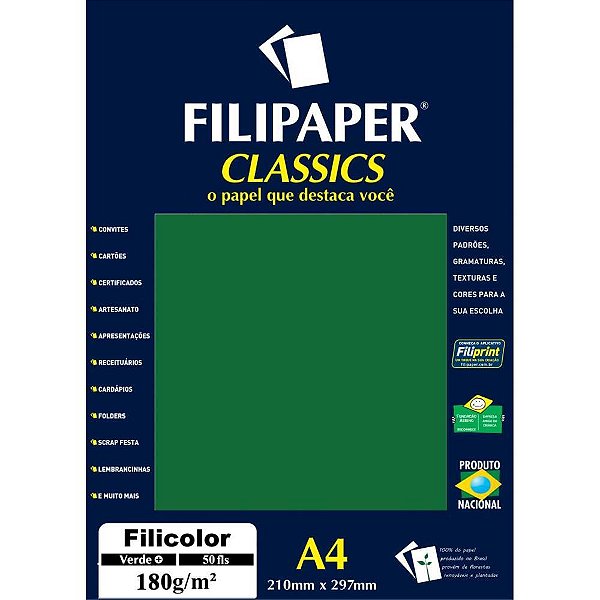 Papel A4 Color Filicolor Verde 180G Pacote com 50 Folhas